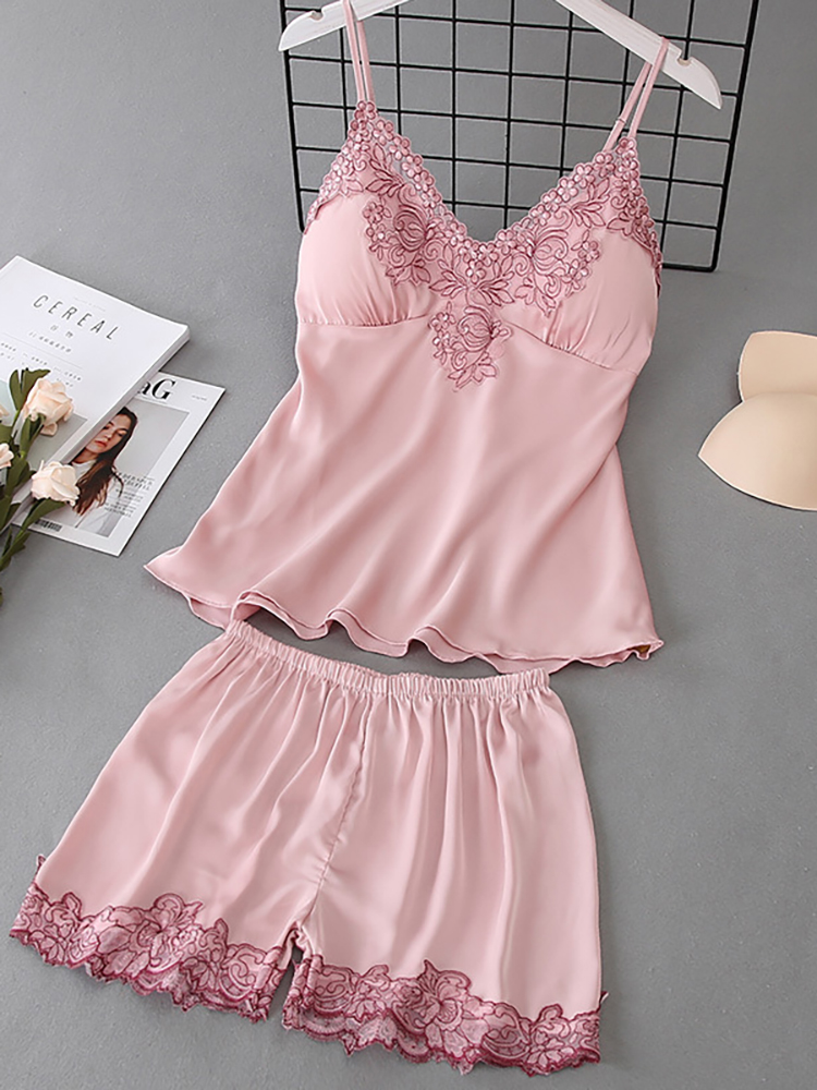 2 pieces solid lace hem v neck ice silk top and  loungewear pajamas  set