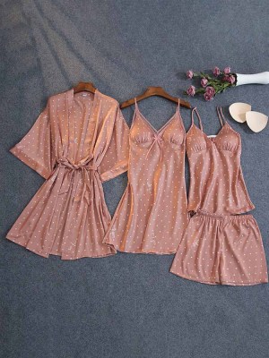 4 piese rochie de noapte cu imprimeu cu buline halat de lounge