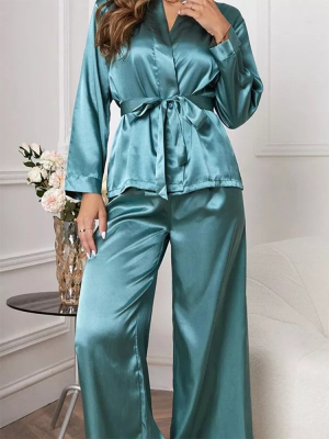 Solid notched collar tie belted satin pyjamas sets