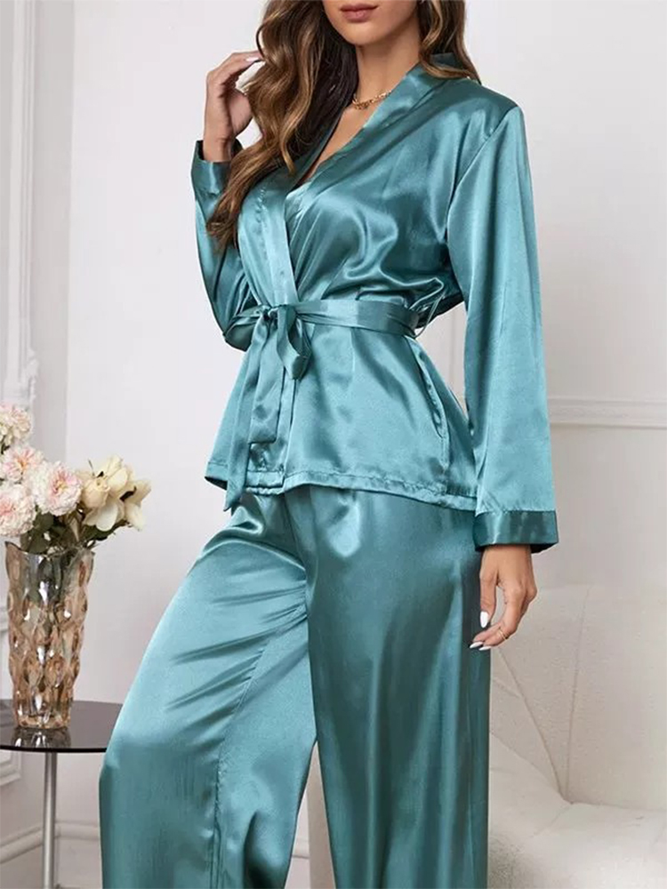 Solid notched collar tie belted satin pyjamas sets