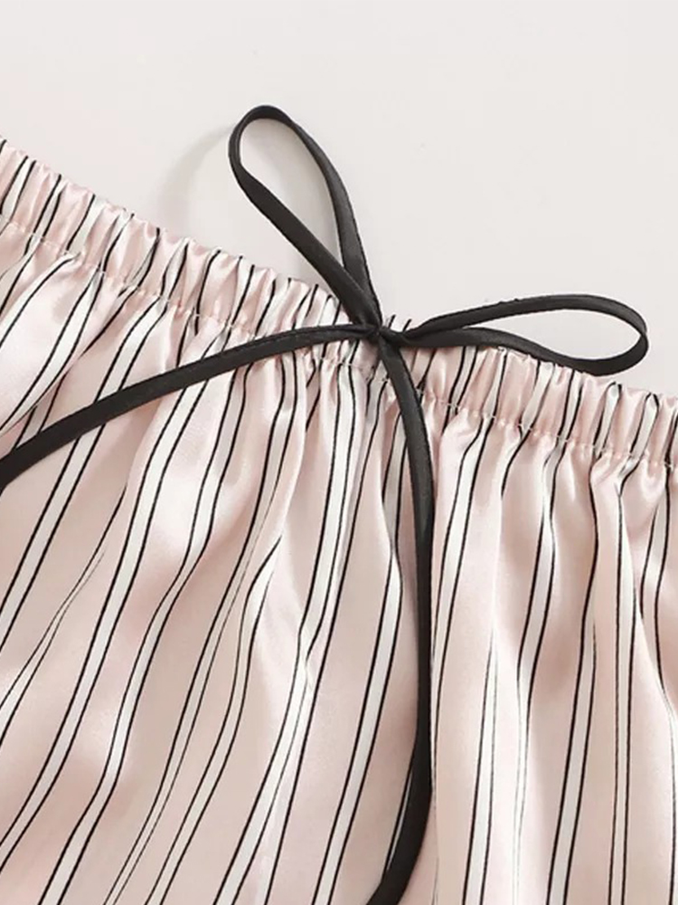 3 pieces satin vertical stripe bow front cami pyjamas sets
