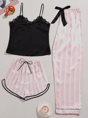 Print spaghetti strap bow top  loungewear pajamas set