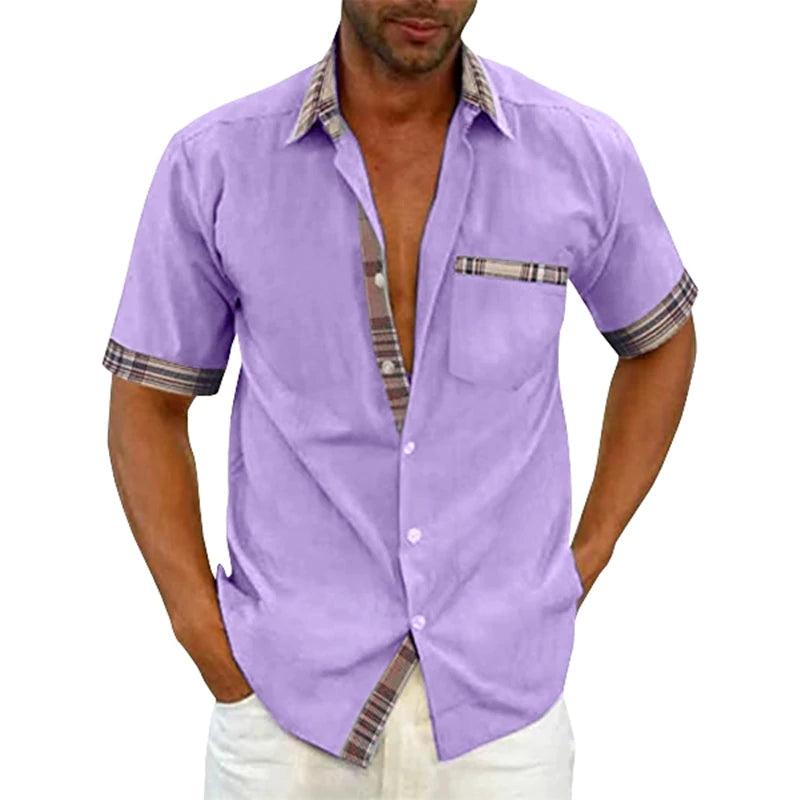 قميص كتان صيفي للرجال بياقة منقوشة كاجوال