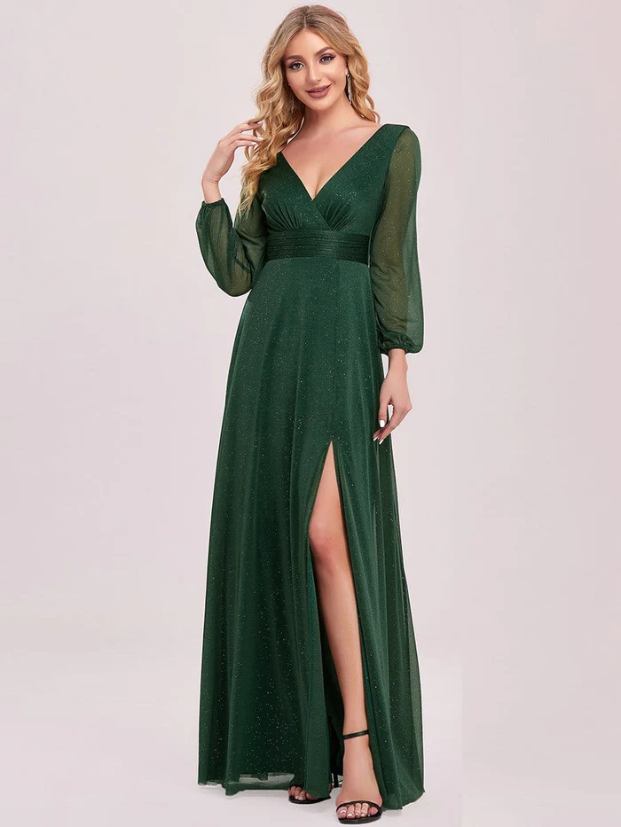 Women's Sexy Long Sleeve V-Neck Shiny Evening Dress