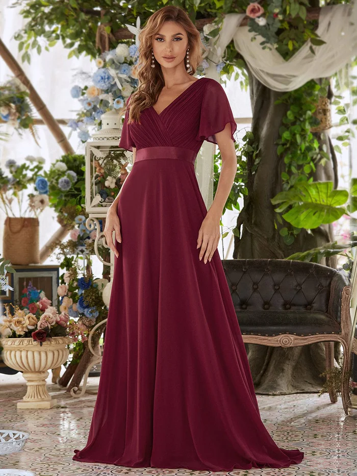 Long Waist Bridesmaid Dress with Short Flutter Sleeves LODIVINA