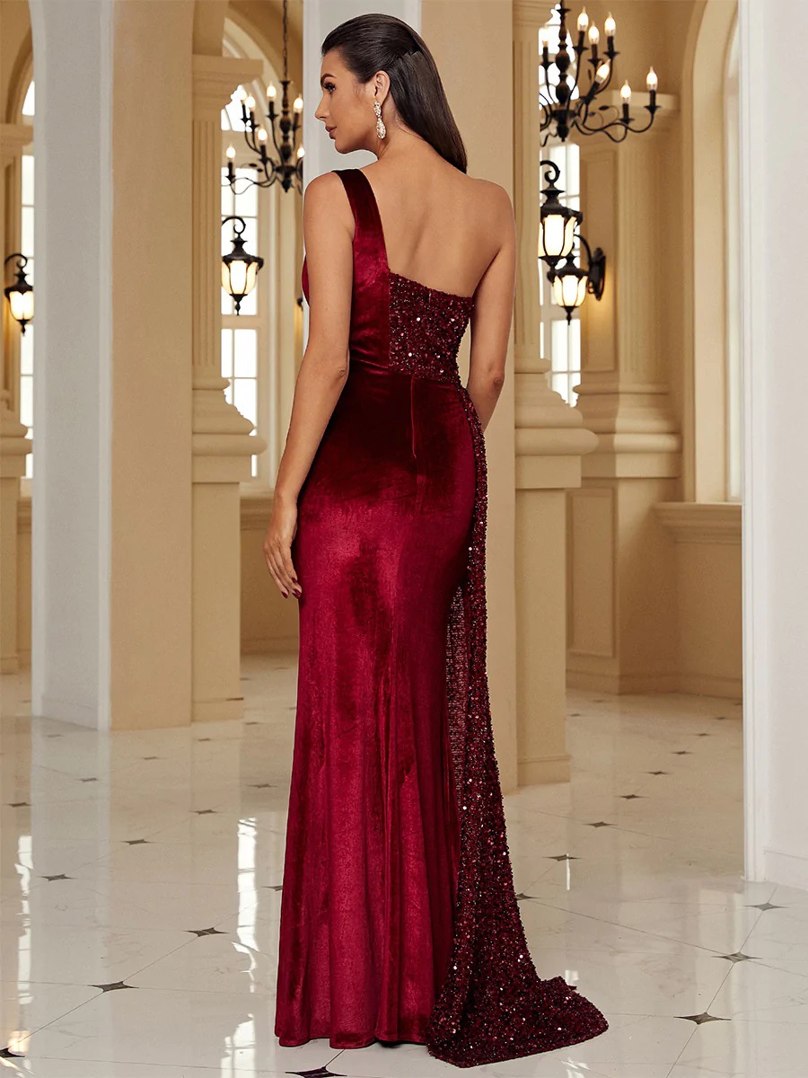 Luksusowa cekinowa aksamitna suknia wieczorowa z odkrytymi ramionami