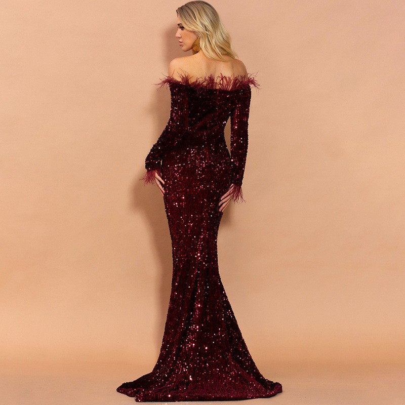 Sexy One Shoulder Sequin Feather Long Sleeve Party Banquet Toast Evening Dress