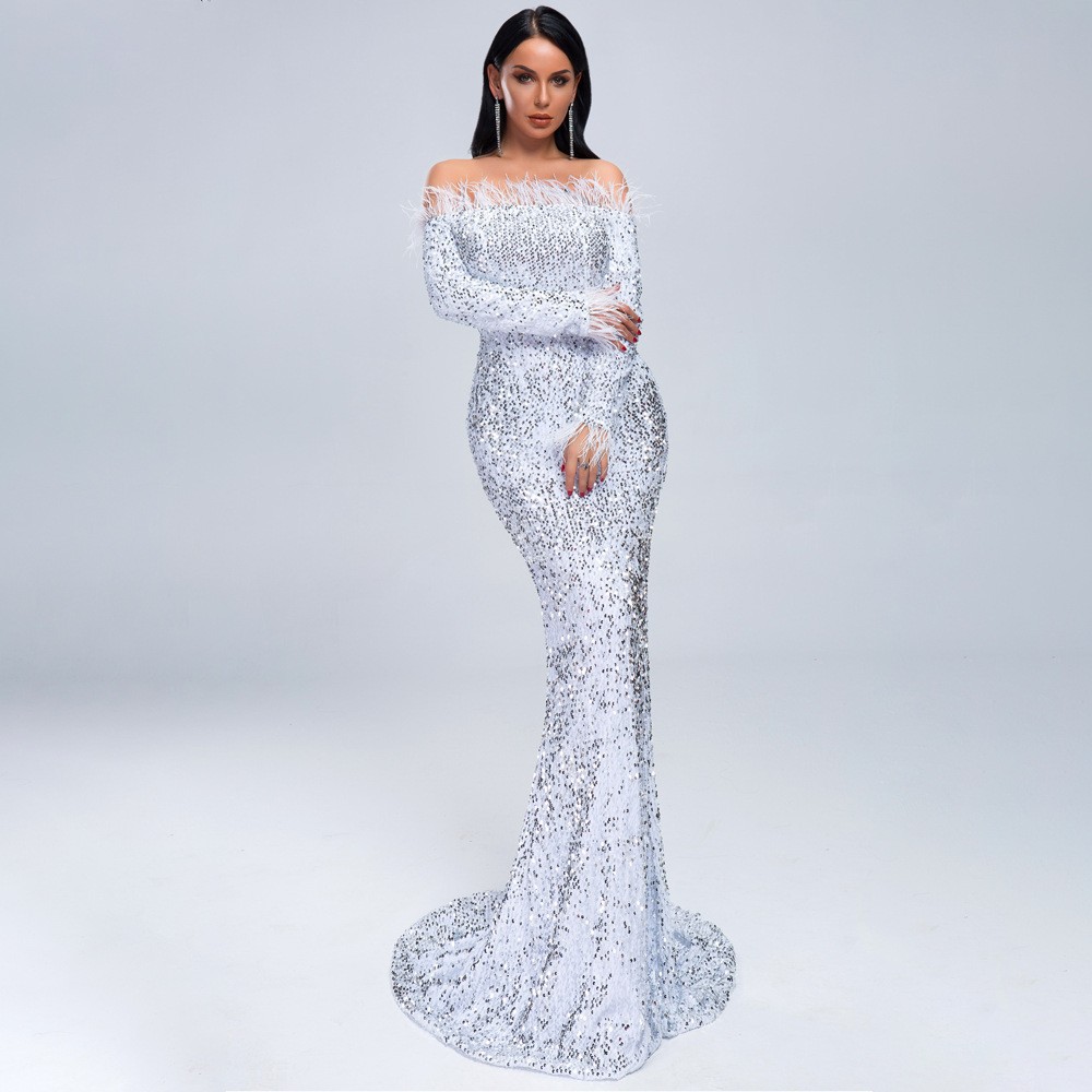 Sexy One Shoulder Sequin Feather Long Sleeve Party Banquet Toast Evening Dress