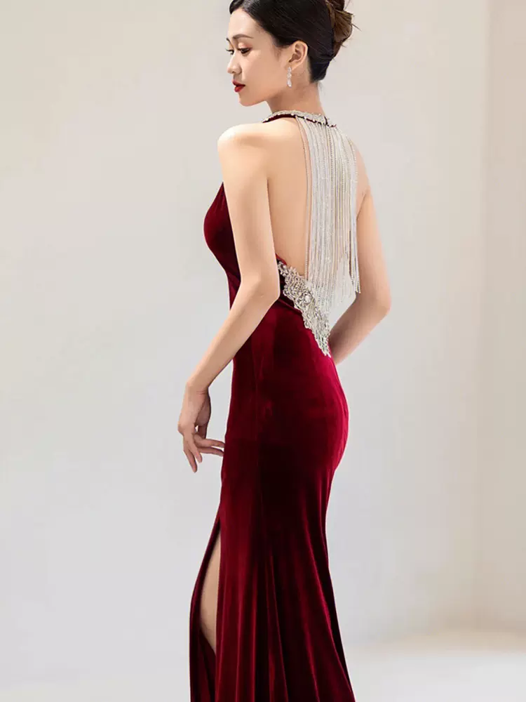 High-End Light Luxury Halter Neck Halter Sexy Wine Red Fishtail Toast Evening Dress