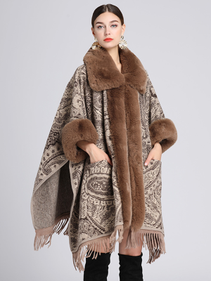 Faux Rex Rabbit Fur Collar Jacquard Long Shawl