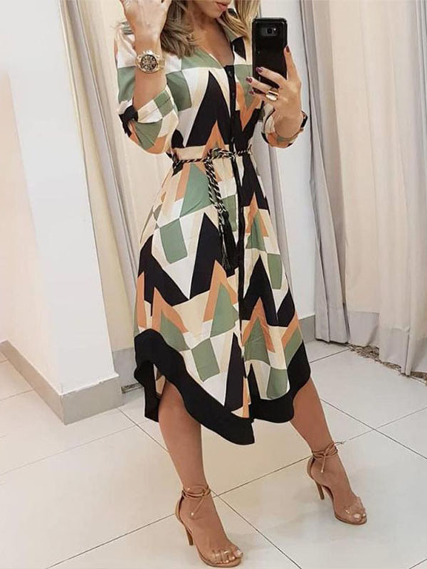 Elegant V-Neck Tie Long Sleeve Dress