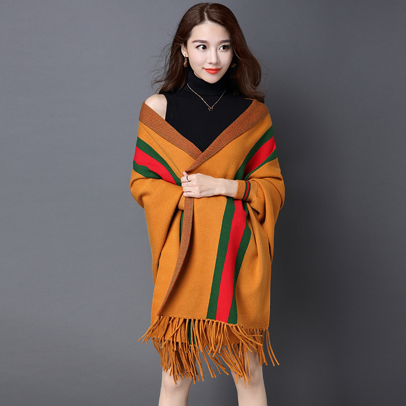 Bat sleeve big stripe tassel shawl
