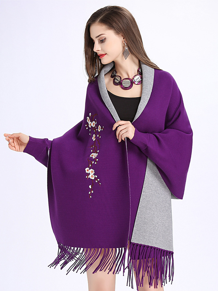 Embroidered plum fringed shawl