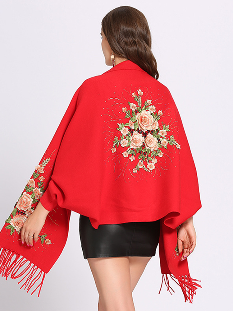 Embroidered peony tassel shawl