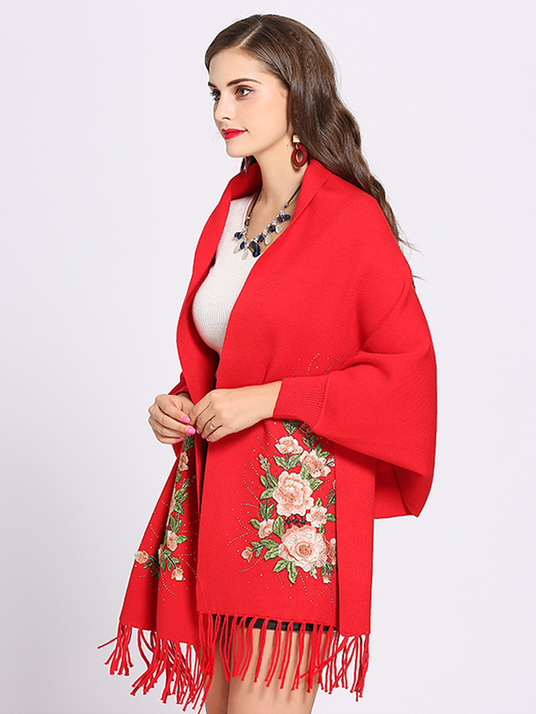 Embroidered peony tassel shawl
