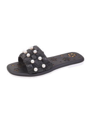 Ploché jednofarebné sandále s kvetinovými perlami
