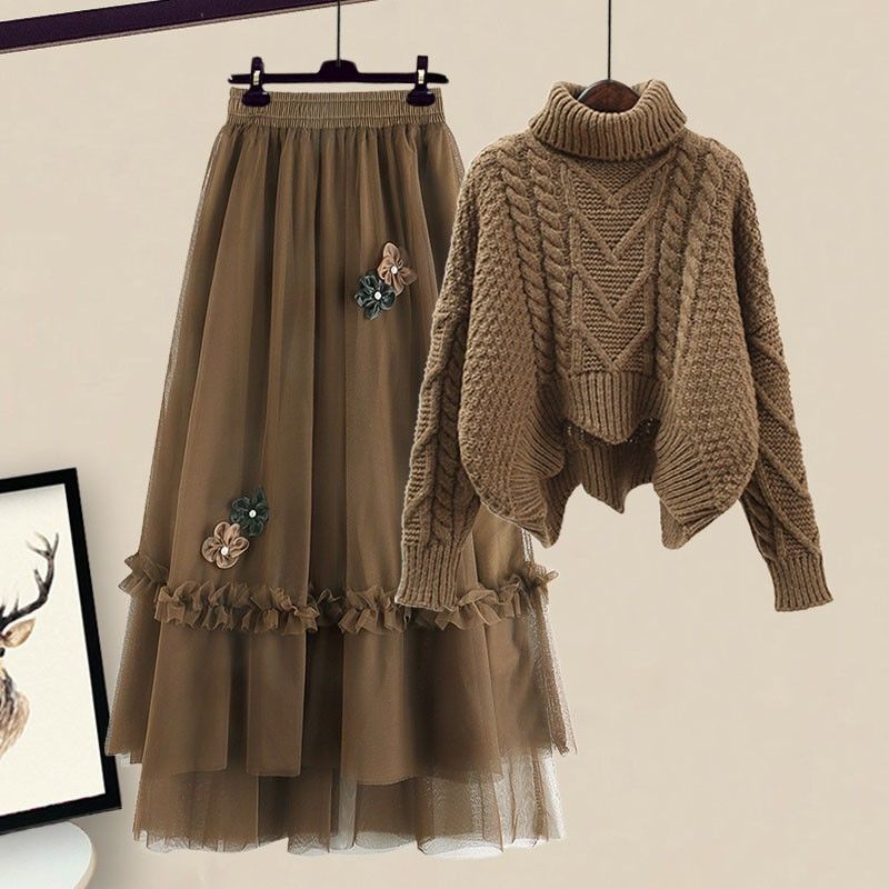 2022 New Retro Knitted Sweater Mesh Skirt Set