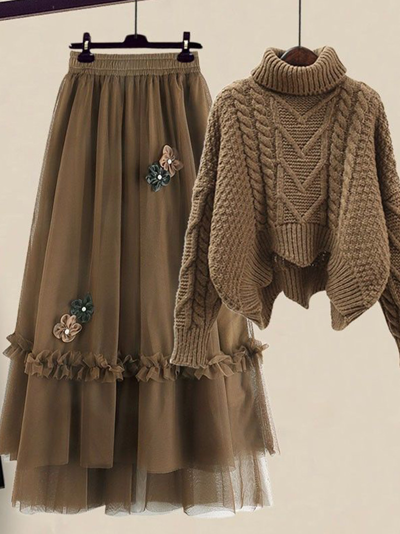 2022 New Retro Knitted Sweater Mesh Skirt Set