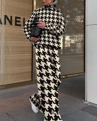 Autumn and winter fashion print high collar loose trousers two-piece set - houndstooth