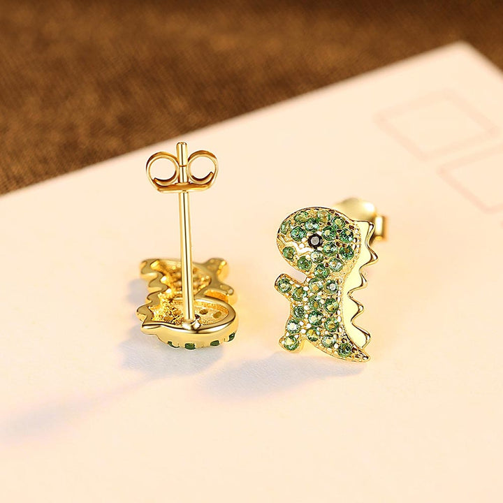 Round Shaped Cut Green Dinosaur Sterling Silver Earrings