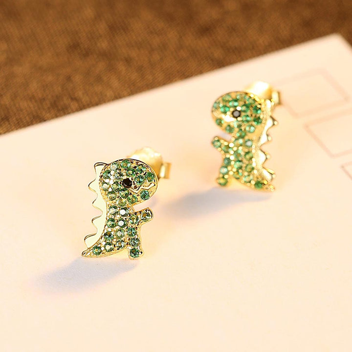 Round Shaped Cut Green Dinosaur Sterling Silver Earrings
