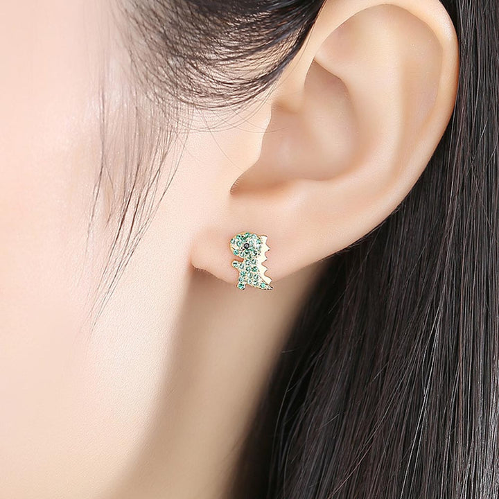 Round Shaped Cut Green Dinosaur Sterling Silver Earrings