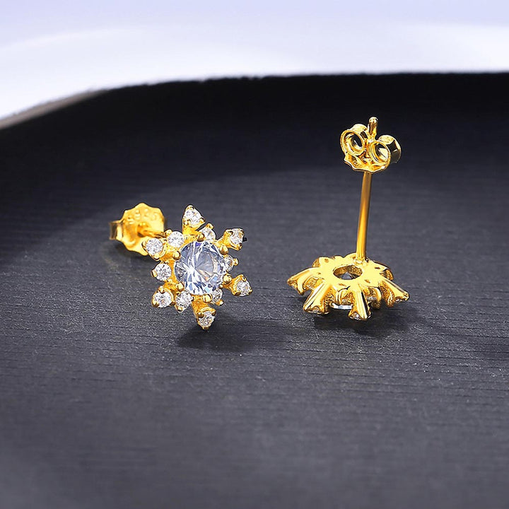 Round Shaped Cut Blue Snowflake Sterling Silver Earrings