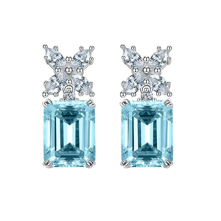 Blue Emerald Shaped Cut Sterling Silver Earrings