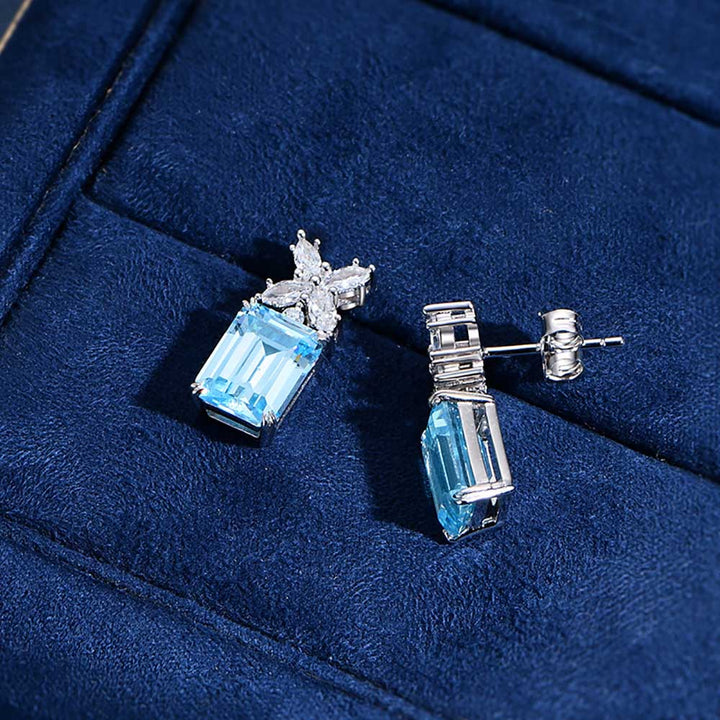 Blue Emerald Shaped Cut Sterling Silver Earrings