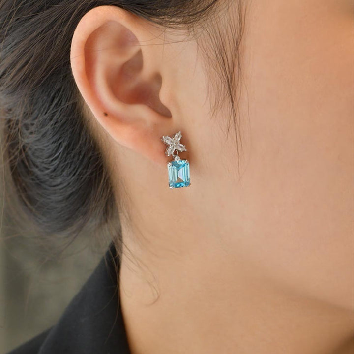 Blue Emerald Shaped Cut Sterling Silver Earrings