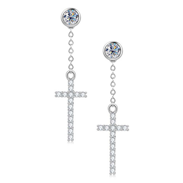 Round Shaped Cut Moissanite Cross Design Sterling Silver Earrings