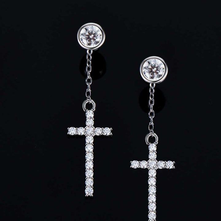 Round Shaped Cut Moissanite Cross Design Sterling Silver Earrings