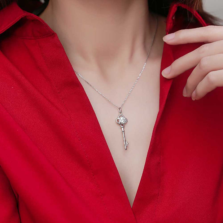 Round Shaped Cut Moissanite Key Design Sterling Silver Necklace