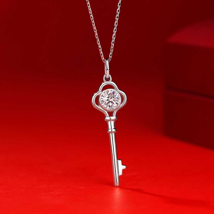 Round Shaped Cut Moissanite Key Design Sterling Silver Necklace