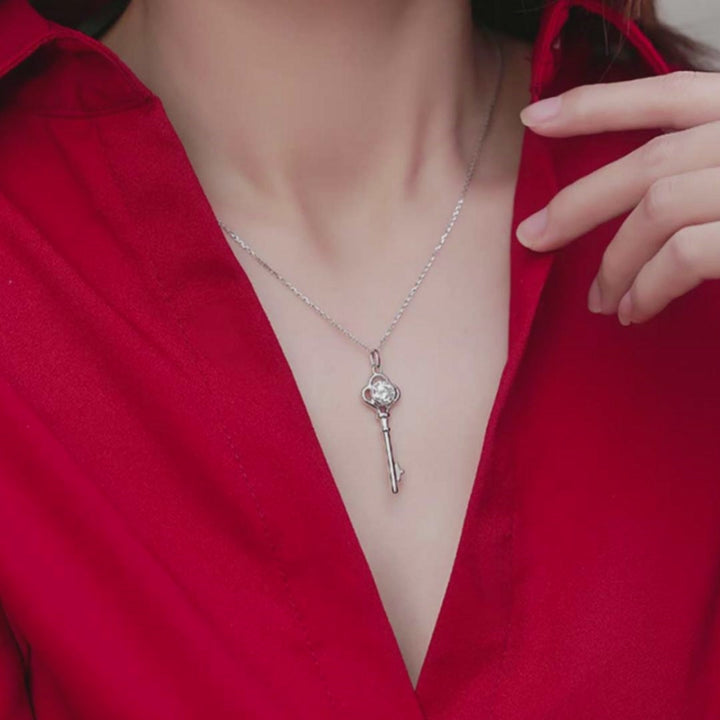 Round Shaped Cut Moissanite Key Design Sterling Silver Necklace