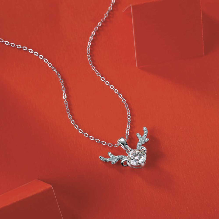 Round Shaped Cut Moissanite Deer Horn Sterling Silver Necklace