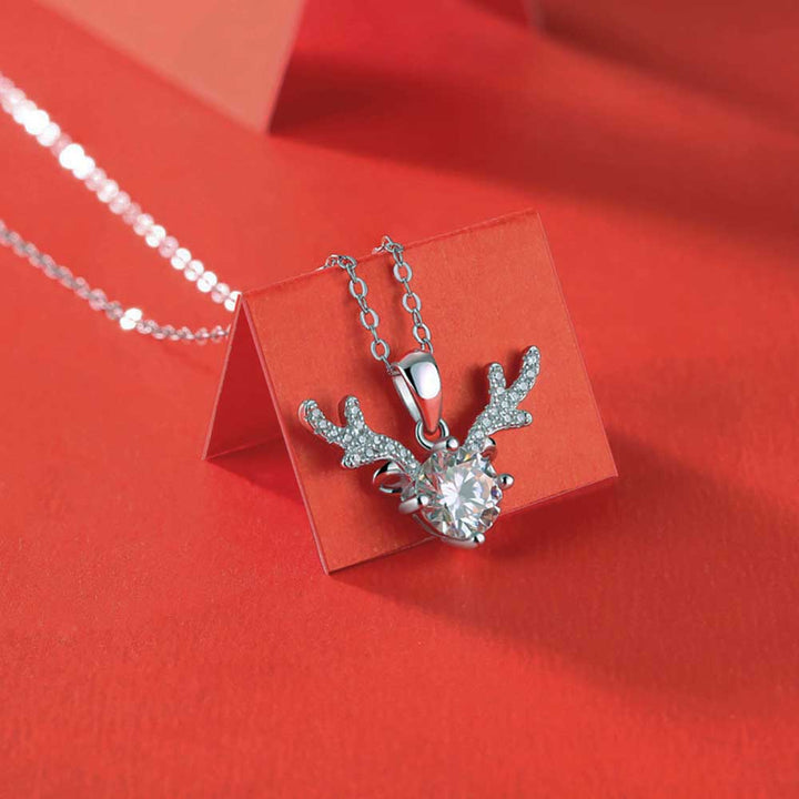 Round Shaped Cut Moissanite Deer Horn Sterling Silver Necklace