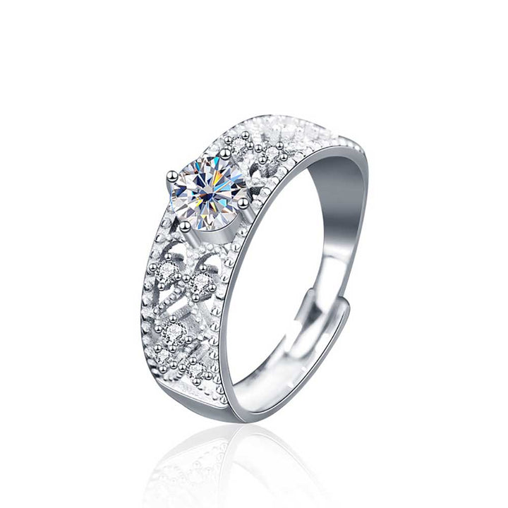 Round Shaped Cut Moissanite Hollow Out Sterling Silver Open Ring