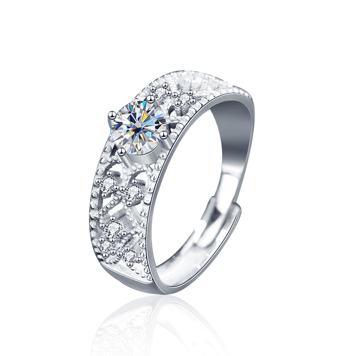 Round Shaped Cut Moissanite Hollow Out Sterling Silver Open Ring