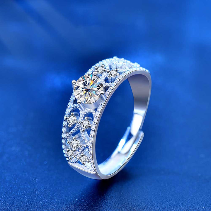 Round Shaped Cut Moissanite Hollow Out Sterling Silver Open Ring