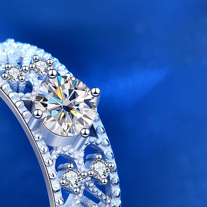 Round Shaped Cut Moissanite Hollow Out Sterling Silver Open Ring