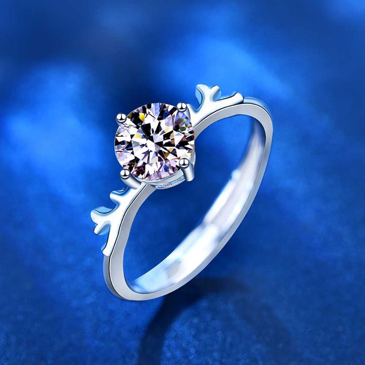 Round Shaped Cut Moissanite Deer Horn Sterling Silver Open Ring