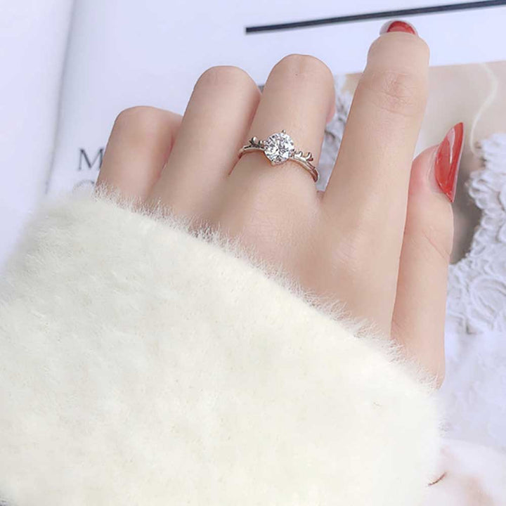 Round Shaped Cut Moissanite Deer Horn Sterling Silver Open Ring