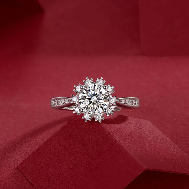 Round Shaped Cutting Moissanite Snow Flower Sterling Silver Open Ring