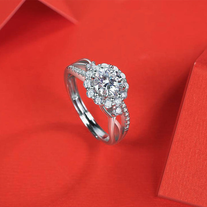 Round Shaped Cut Moissanite Sunflower Sterling Silver Open Ring