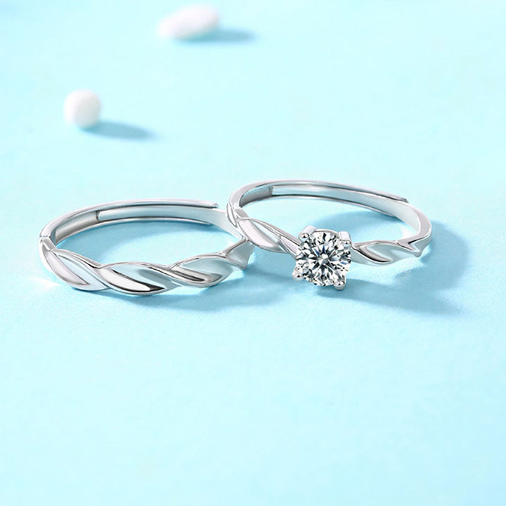 Round Shaped Cutting Moissanite Couple Knot Sterling Silver Set Open Ring