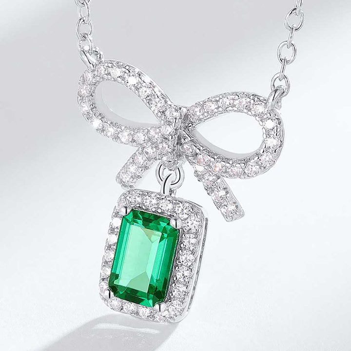 Emerald Shaped Cut Bowknot Green Sterling Silver Necklace