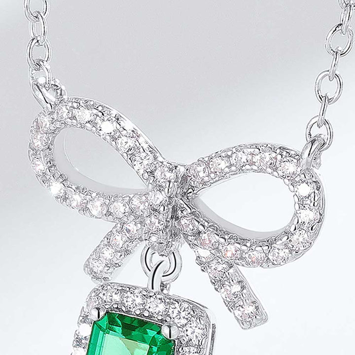 Emerald Shaped Cut Bowknot Green Sterling Silver Necklace
