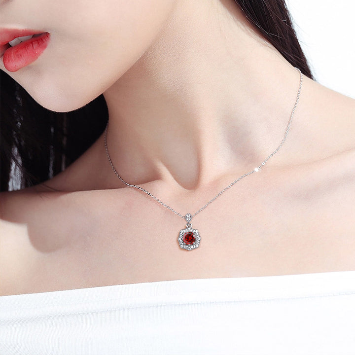 Round Shaped Cut Pomegranate Red Sterling Silver Necklace