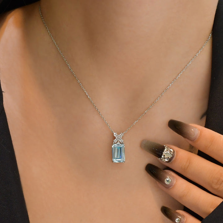 Emerald Shaped Cut Blue Sterling Silver Necklace